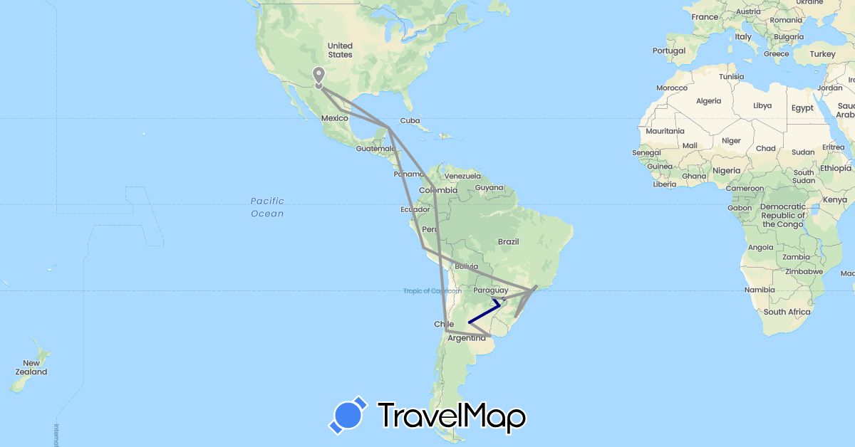 TravelMap itinerary: driving, plane in Argentina, Brazil, Chile, Colombia, Mexico, Peru, Paraguay (North America, South America)